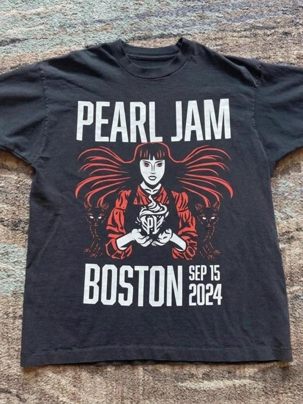 Gildan Black Pearl Jam Boston 2024 Tee with Red & White Graphic